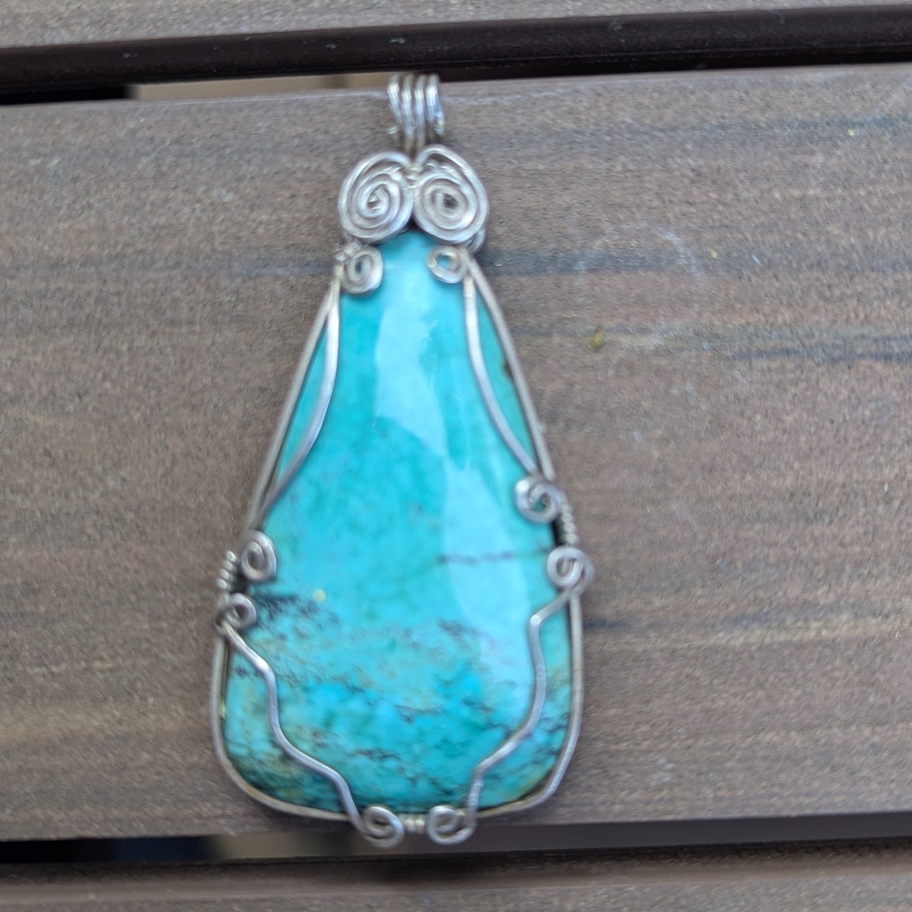 Natural Turquoise Pendant with Silver Wire Wrap, One Of A Kind